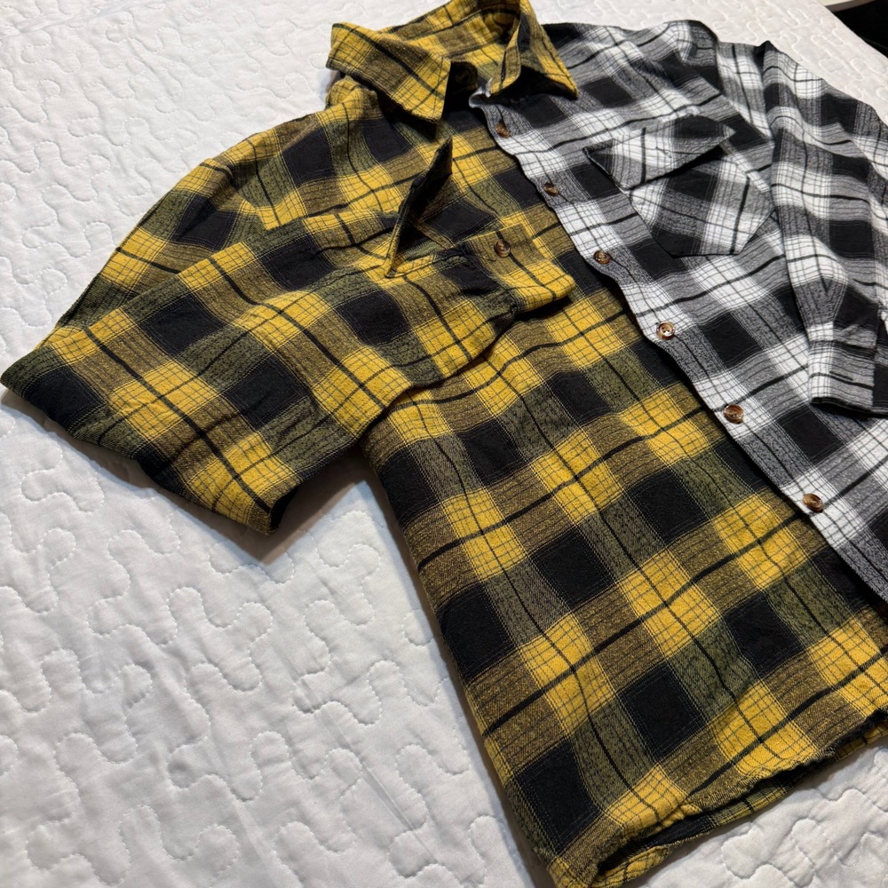 Women Medium Button Down Shirt Split Plaid Flannel EMO PUNK ALT EDGY Y2K SKATER